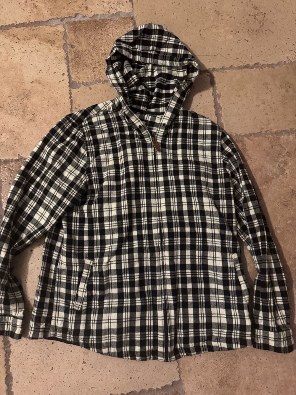 LL Bean Shirt Womens SZ LGreen Scotch Plaid Flannel Relaxed Fit Zip Hoodie